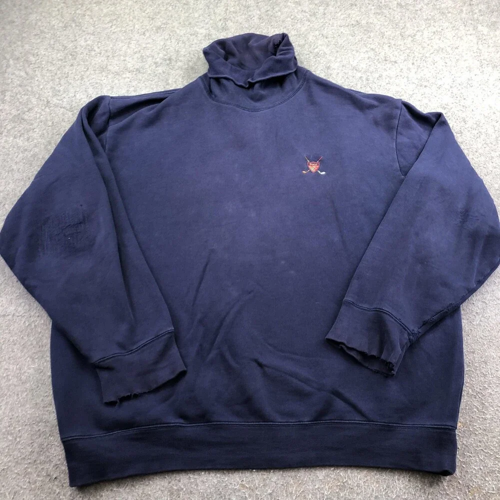 Vintage Polo Ralph Lauren Sweatshirt Mens 2XL Blue Fleece Mock Neck Golf Crest